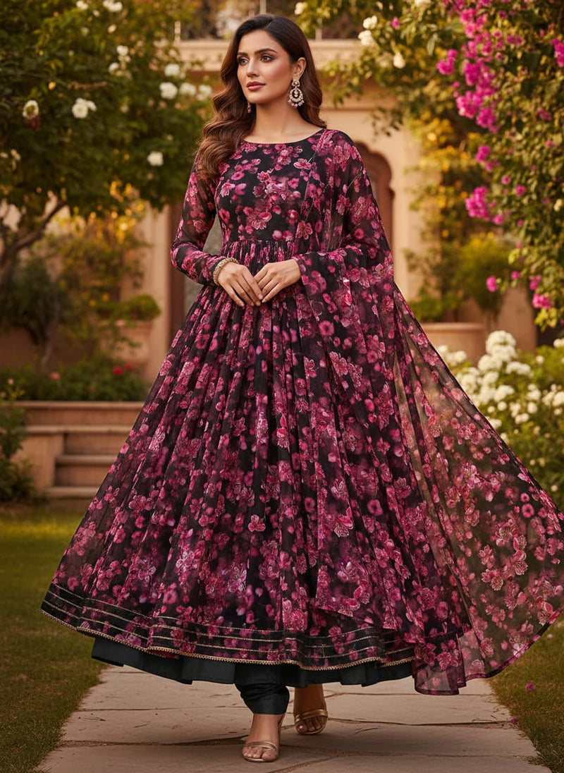Gorgeous Black and Pink Ditsy Digital Printed Georgette Fabric