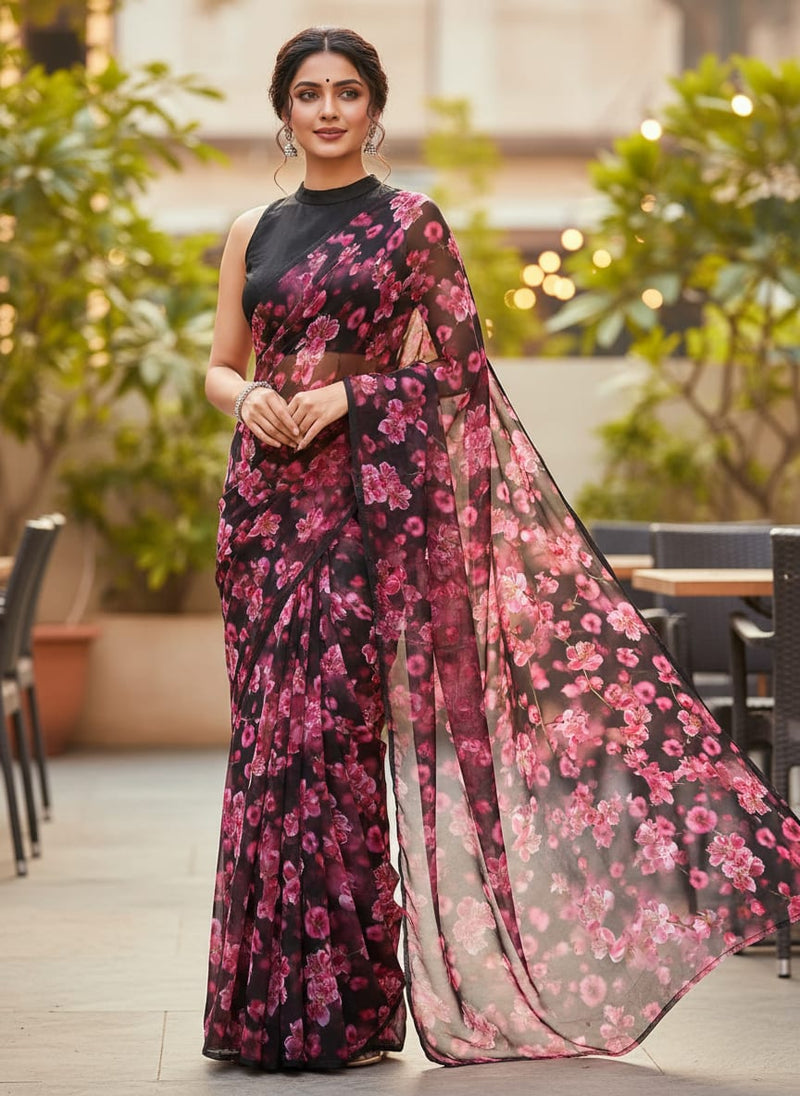 Gorgeous Black and Pink Ditsy Digital Printed Georgette Fabric