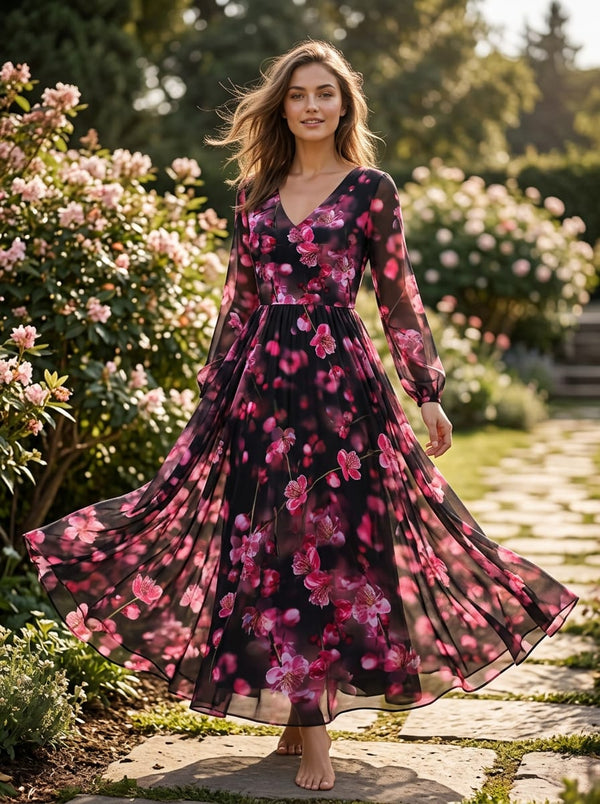 Pink Sakura Blossom Floral Georgette Digital Printed Fabric - Flowy Maxi Dress Lookbook - POG-0-TA08659-110 - alternate view