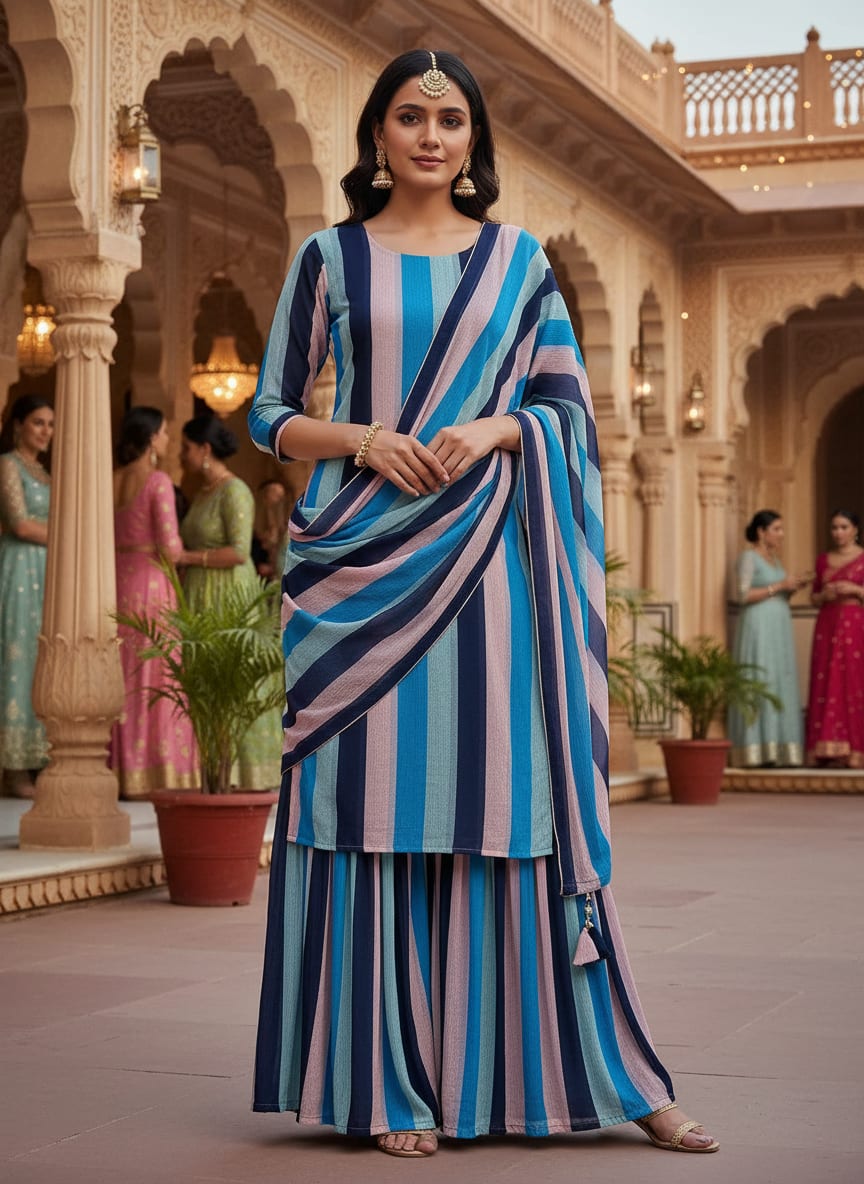 Gorgeous green, blue and cream digital printed fabric in georgette