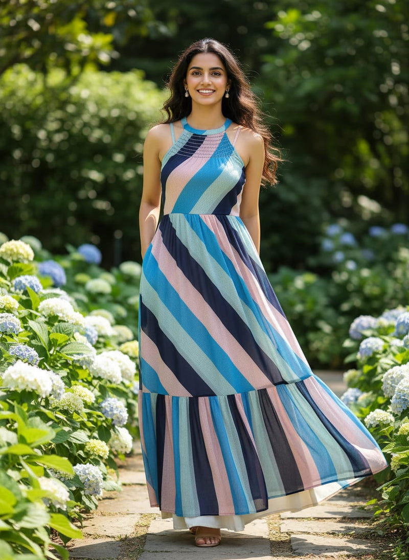 Gorgeous green, blue and cream digital printed fabric in georgette