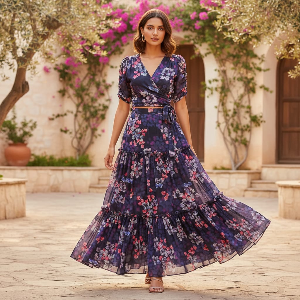 Gorgeous Blue Georgette Digital Printed Fabric with Ditsy Design