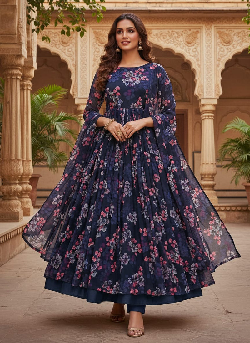 Gorgeous Blue Georgette Digital Printed Fabric with Ditsy Design