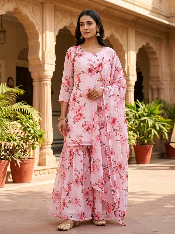 Pink Watercolour Cherry Blossom Floral Georgette Digital Printed Fabric - Sharara Set Lookbook - POG-0-TA06840P1-110 - alternate view