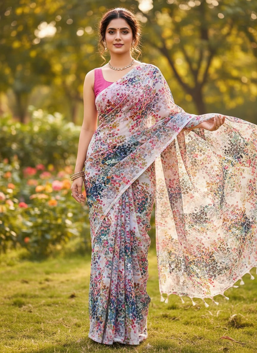 Gorgeous multicolored decorative digital printed fabric in Georgette