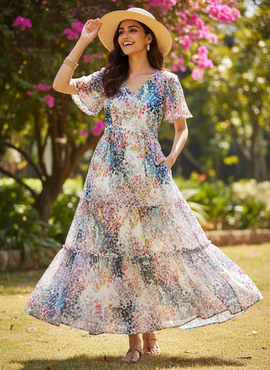 Multicolor Abstract Colorful Dotted Floral Georgette Digital Printed Fabric