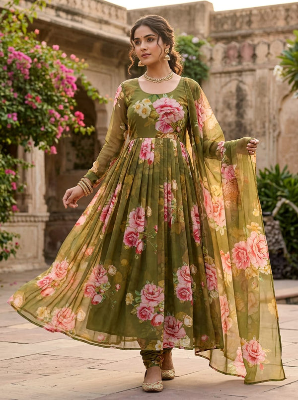 Olive Lush Botanical Roses Georgette Digital Printed Fabric - Anarkali Kurta Set Lookbook - POG-0-TA07237P4-110 - alternate view