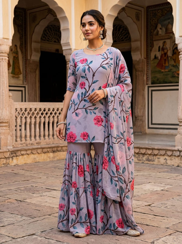 Grey Watercolour Floral Vine Print Georgette Digital Printed Fabric - Sharara Set Lookbook - POG-0-TA06641P4-110 - alternate view