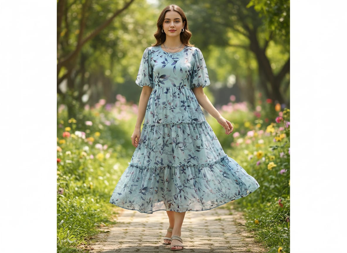 Georgette Digital Printed Fabric with Leaves Design in Blue