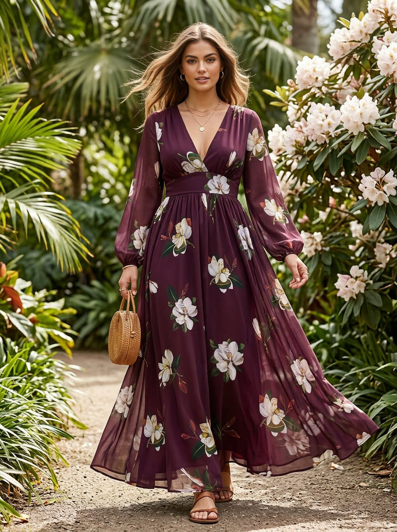 Maroon Magnolia Floral Georgette Digital Printed Fabric