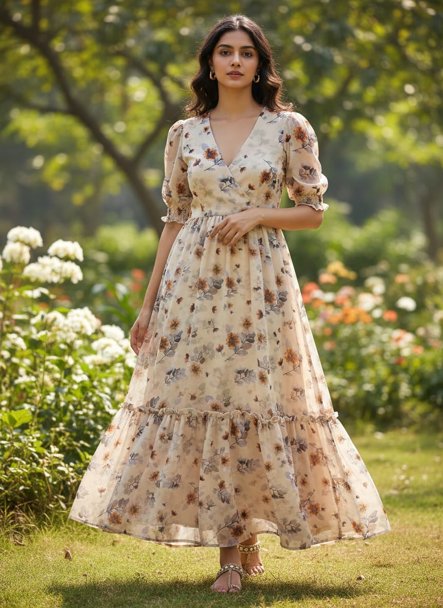 Gorgeous floral and leaves digital printed Georgette fabric from FAB VOGUE Studio
