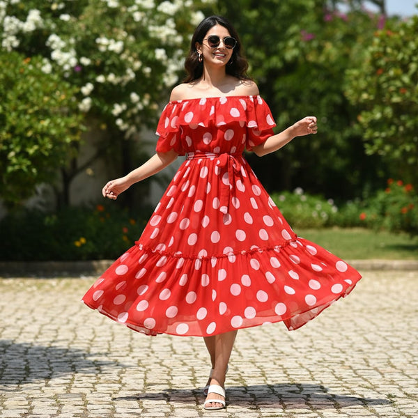 Georgette Digital Printed Polka Dot Fabric in Red by FAB VOGUE Studio - alternate view