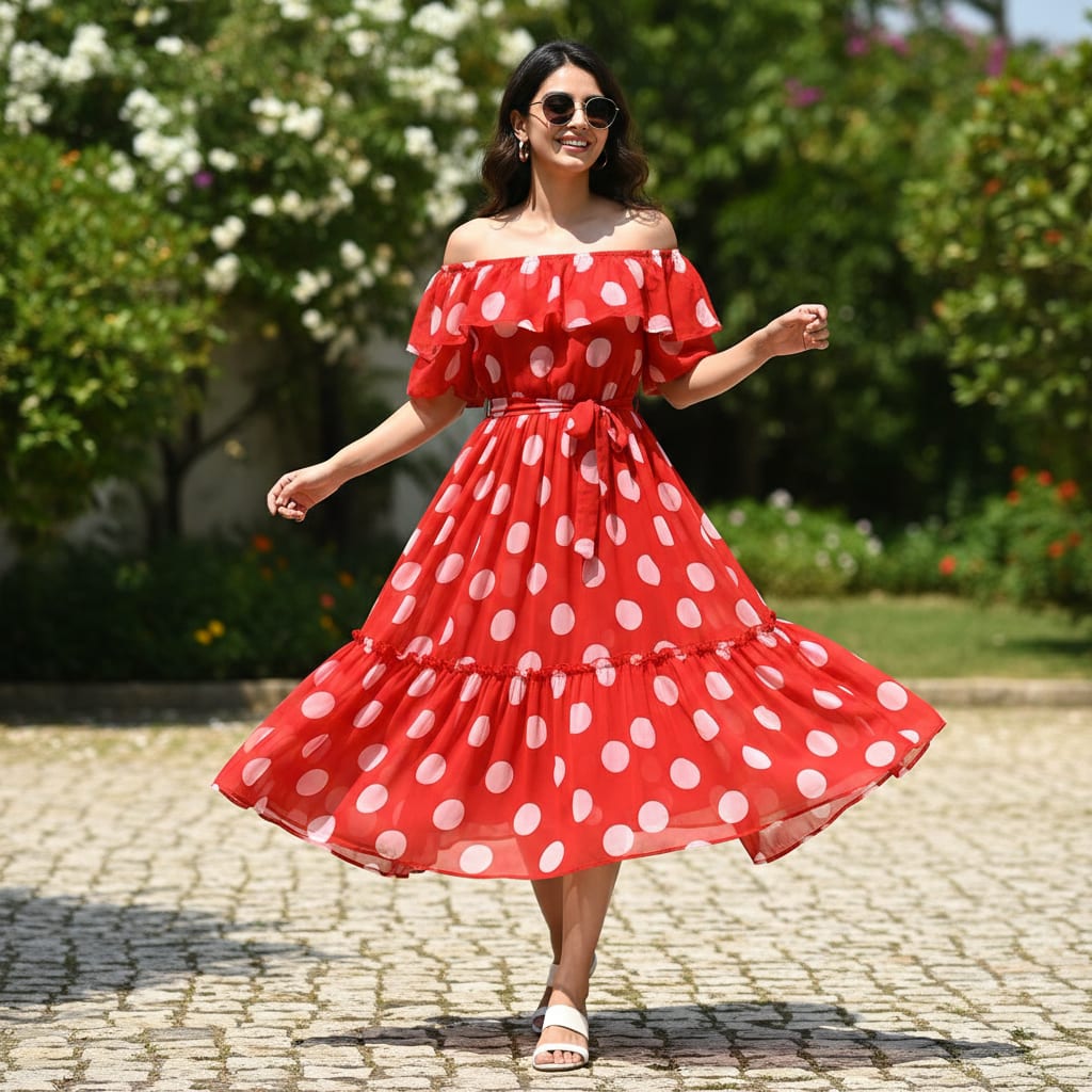 Georgette Digital Printed Polka Dot Fabric in Red by FAB VOGUE Studio