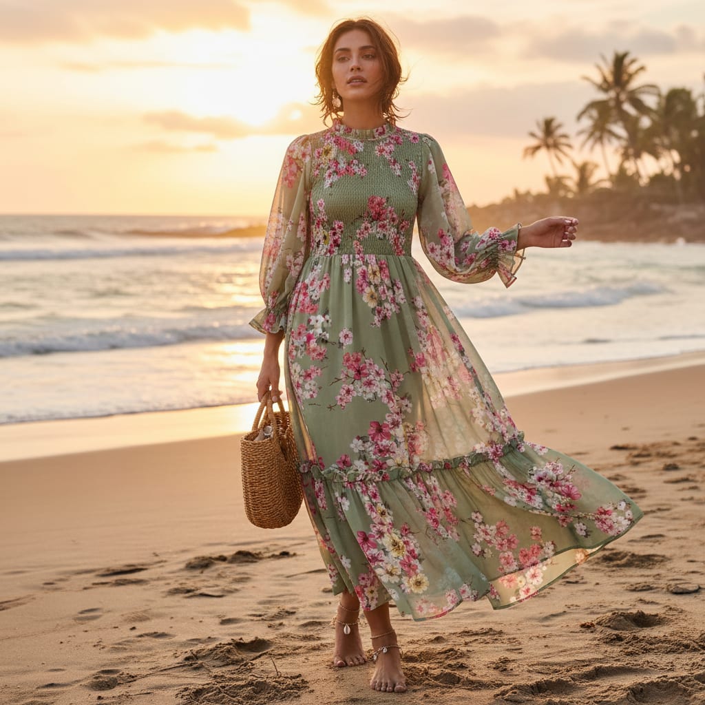 Gorgeous green digital printed Georgette fabric with floral design by FAB VOGUE Studio