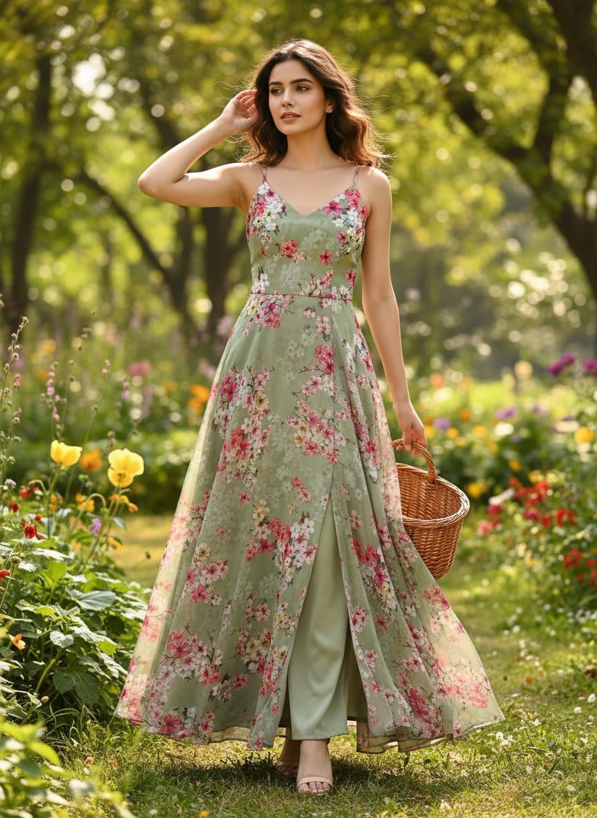 Gorgeous green digital printed Georgette fabric with floral design by FAB VOGUE Studio