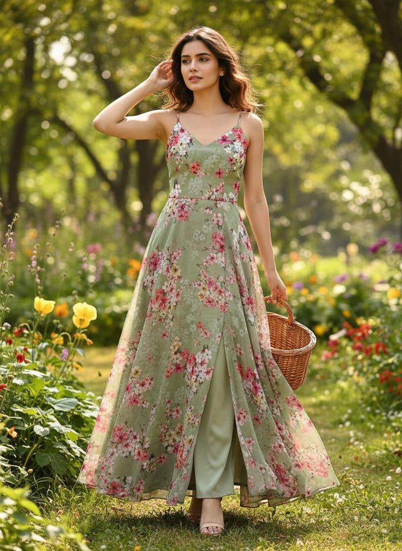 Gorgeous green digital printed Georgette fabric with floral design by FAB VOGUE Studio