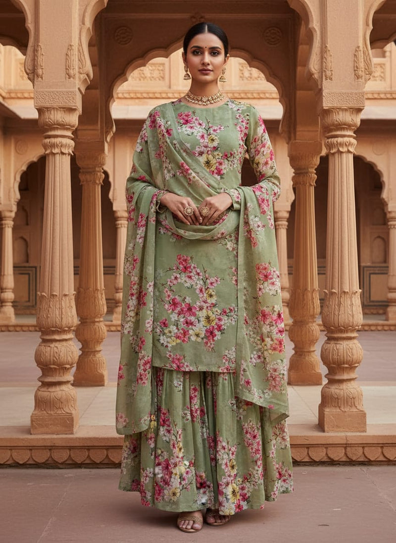 Gorgeous green digital printed Georgette fabric with floral design by FAB VOGUE Studio