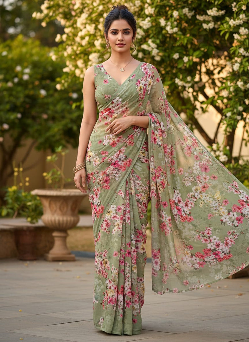 Gorgeous green digital printed Georgette fabric with floral design by FAB VOGUE Studio