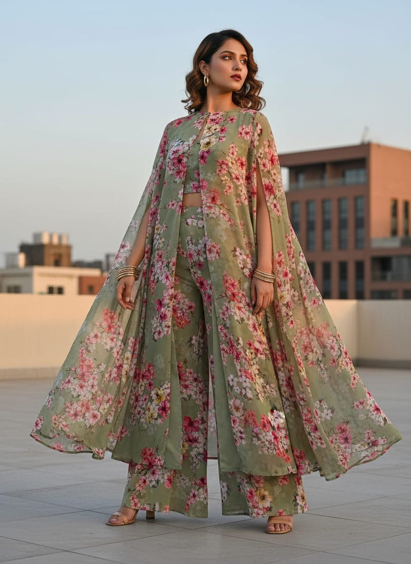 Gorgeous green digital printed Georgette fabric with floral design by FAB VOGUE Studio