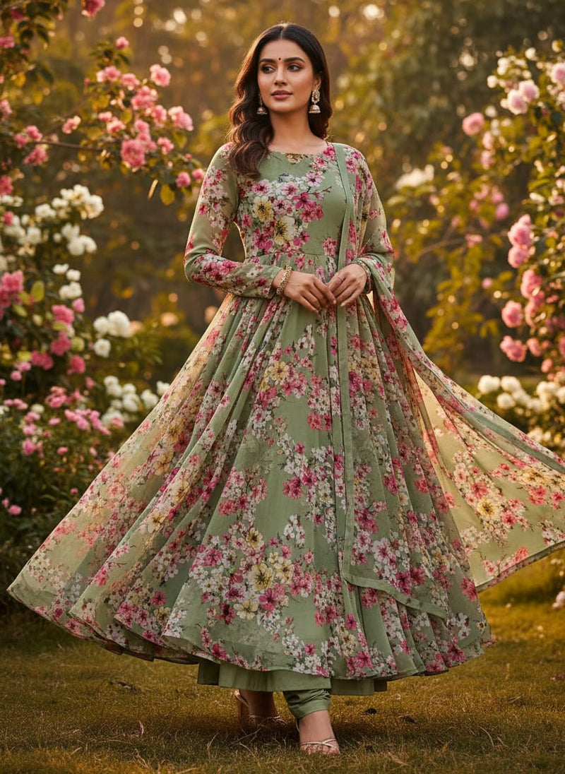 Gorgeous green digital printed Georgette fabric with floral design by FAB VOGUE Studio