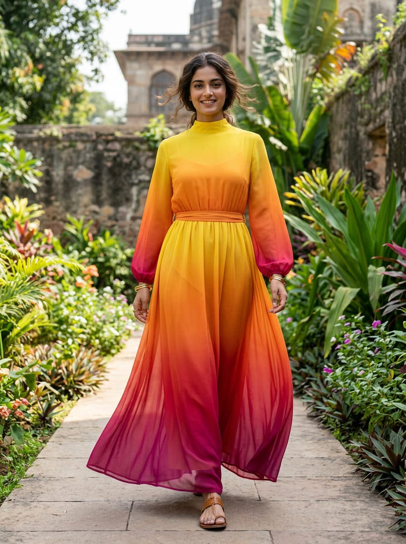 Multicolor Yellow Orange and Red Ombre Georgette Digital Printed Fabric