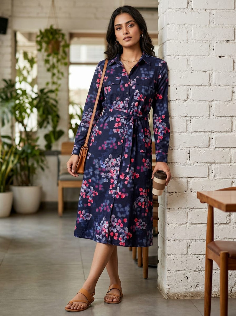 Navy Abstract Botanical Leaf Print Pure Cotton Digital Printed Fabric