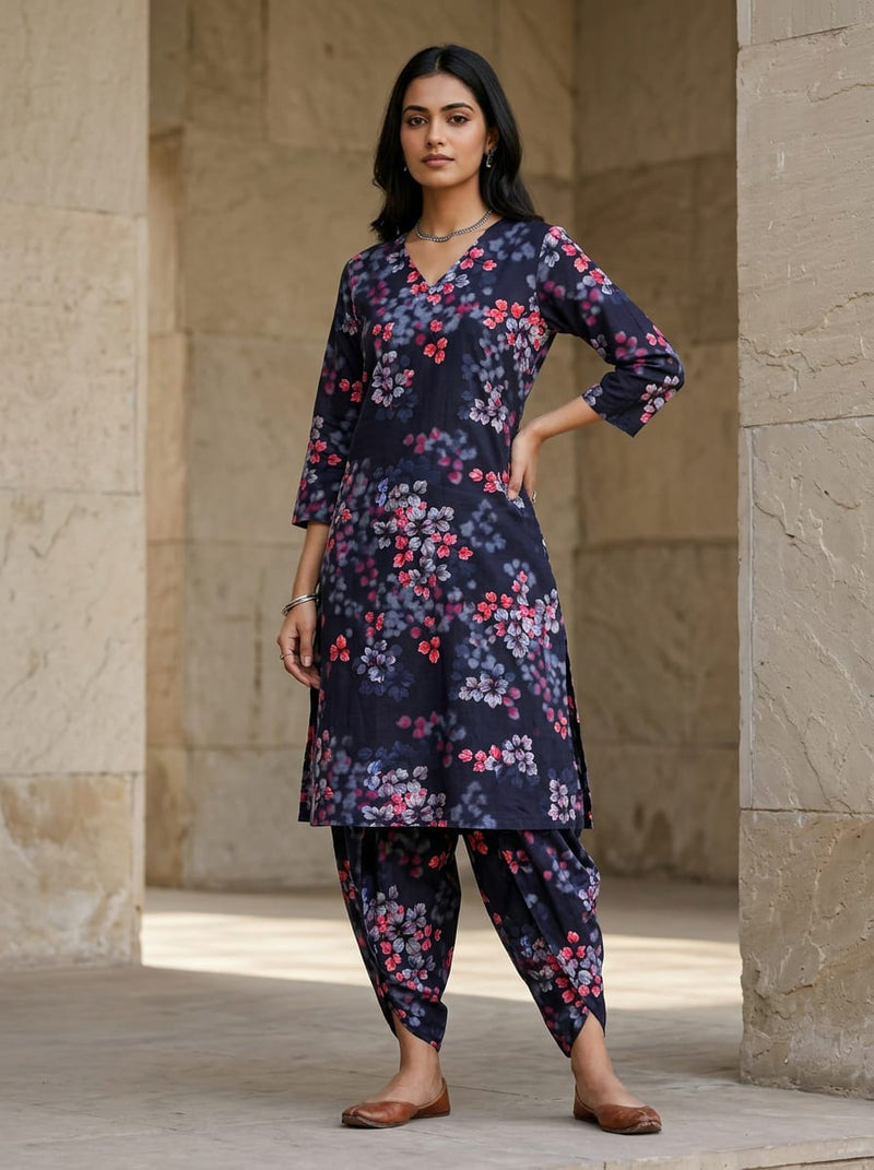 Navy Abstract Botanical Leaf Print Pure Cotton Digital Printed Fabric