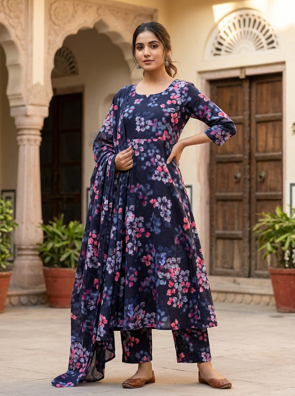 Navy Abstract Botanical Leaf Print Pure Cotton Digital Printed Fabric - A-Line Kurta with Salwar Lookbook - PCO-0-TA09484P8-108 - alternate view