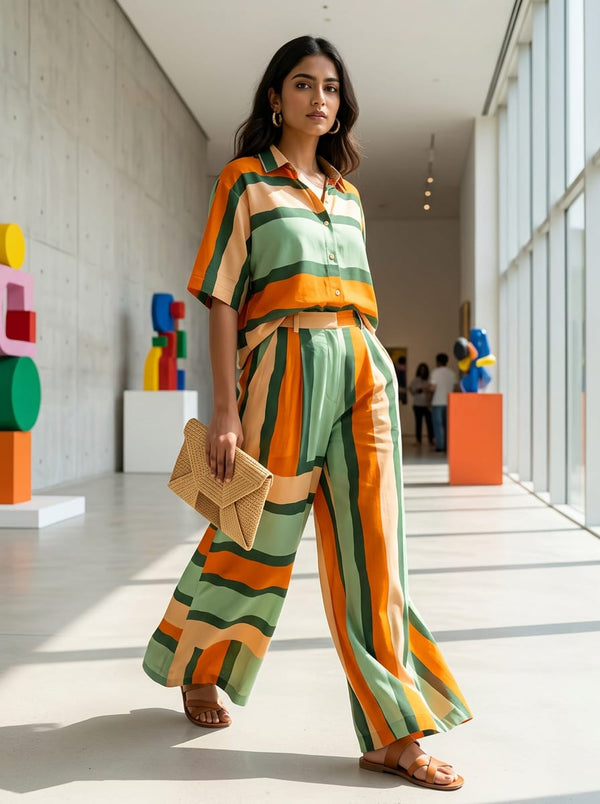 Multicolor Abstract Bold Stripes Pure Cotton Digital Printed Fabric - Co-ord Set with Wide Leg Pants Lookbook - PCO-0-TA07540-108 - alternate view
