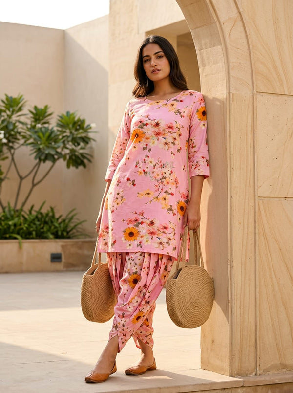 Pink Summer Garden Floral Pure Cotton Digital Printed Fabric - Dhoti Pants with Kurta Lookbook - PCO-0-0TA7140P6-108 - alternate view