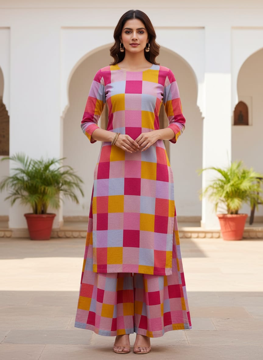 Classy digital printed checkered pure cotton fabric by FAB VOGUE Studio