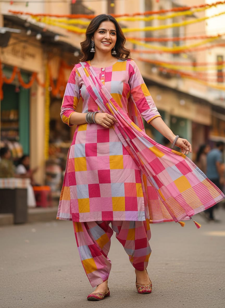 Classy digital printed checkered pure cotton fabric by FAB VOGUE Studio