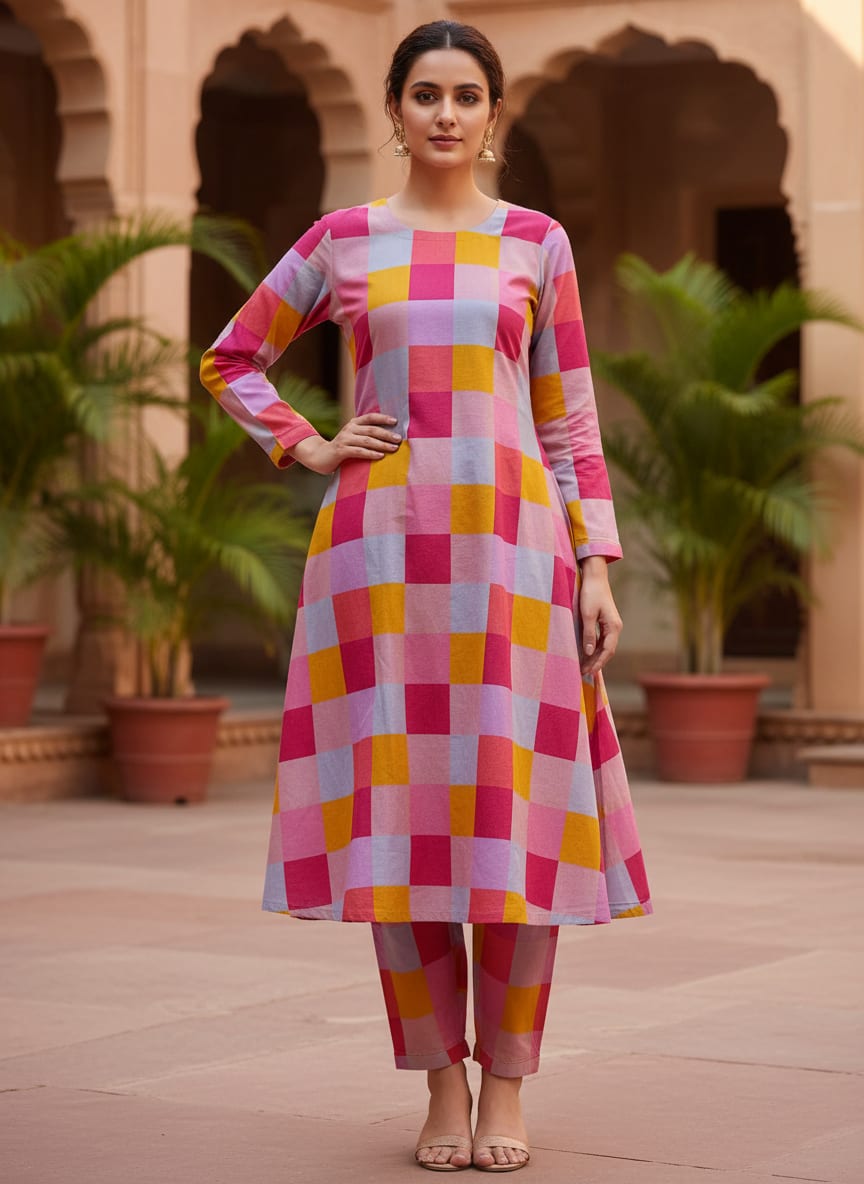 Classy digital printed checkered pure cotton fabric by FAB VOGUE Studio
