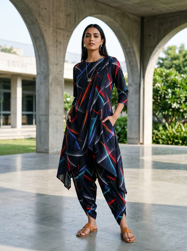 Multicolor Abstract Colorful Light Trails Pure Cotton Digital Printed Fabric - Dhoti Pants with Kurta Lookbook - PCO-0-TA09682PB-108 - alternate view
