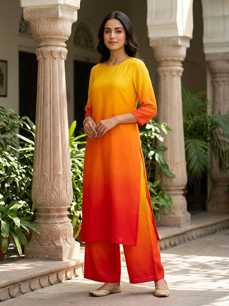 Multicolor Yellow Orange Red Ombre Gradient Natural Crepe Digital Printed Fabric