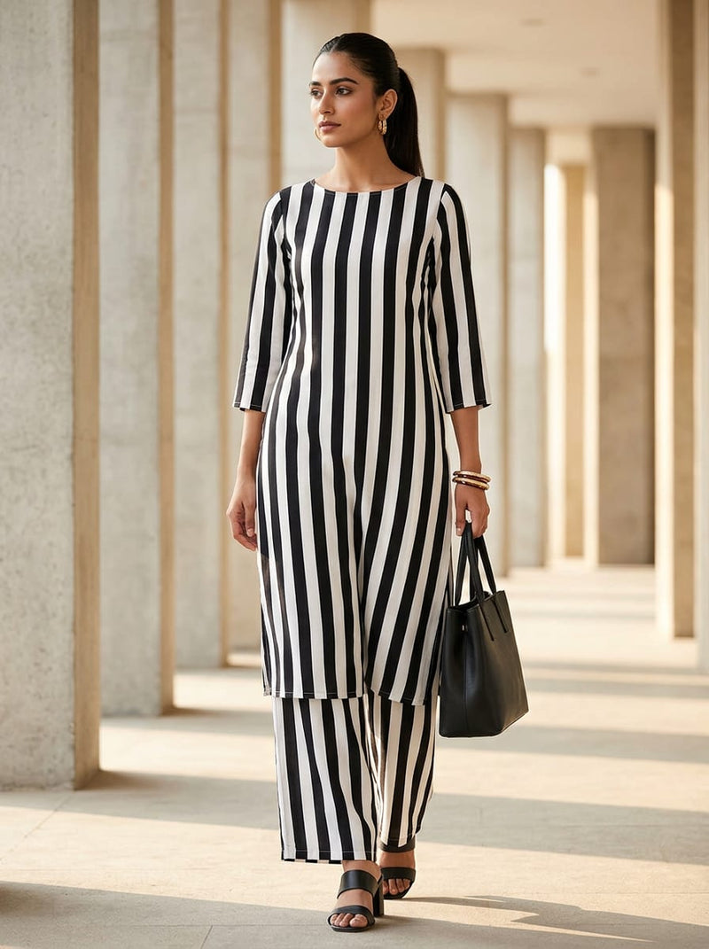 Black Bold Wavy Stripes Natural Crepe Digital Printed Fabric