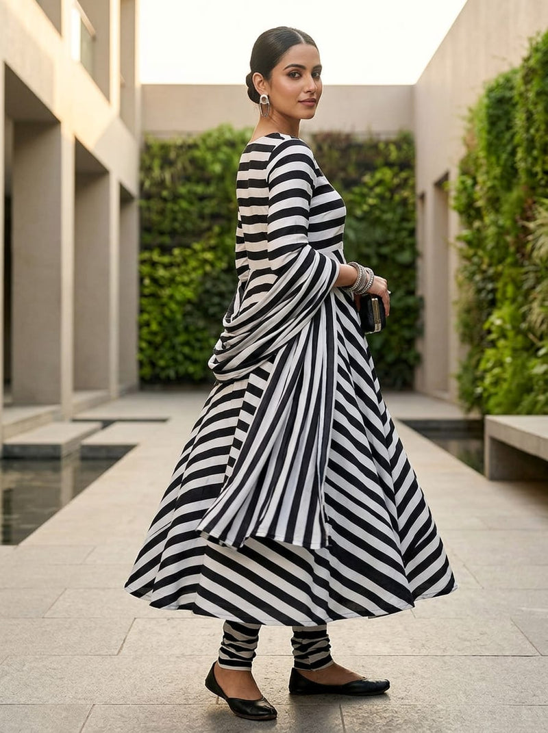 Black Bold Wavy Stripes Natural Crepe Digital Printed Fabric
