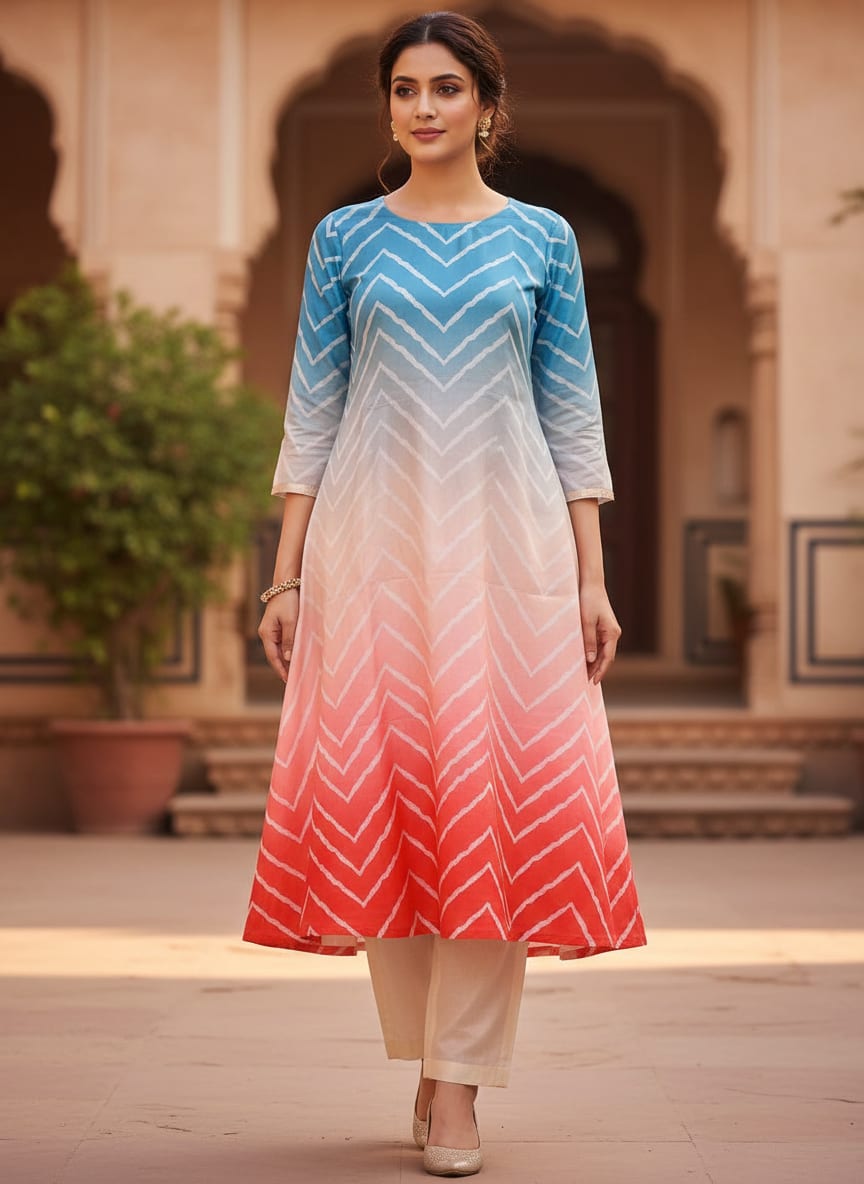 Zigzag Digital Printed Kora Silk Fabric in Multicolor