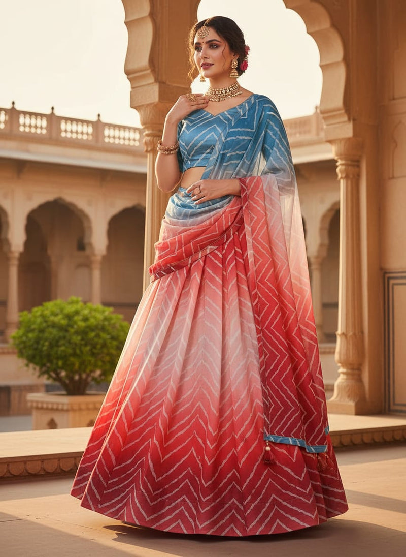 Zigzag Digital Printed Kora Silk Fabric in Multicolor