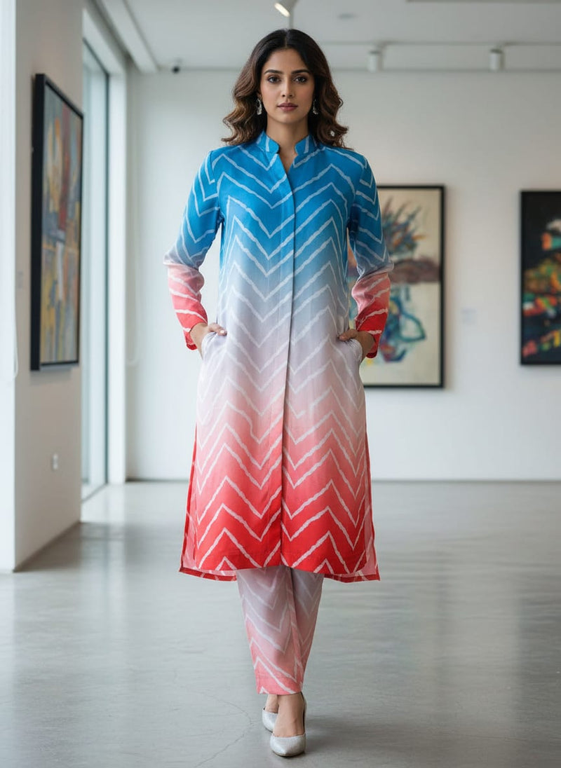 Zigzag Digital Printed Kora Silk Fabric in Multicolor