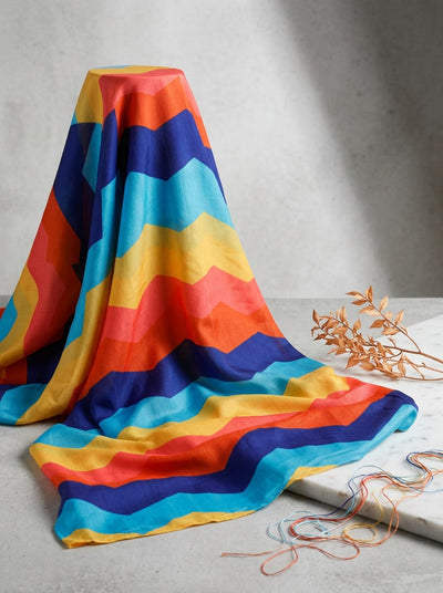 Multicolor Vibrant Geometric Chevron Kora Silk Digital Printed Fabric