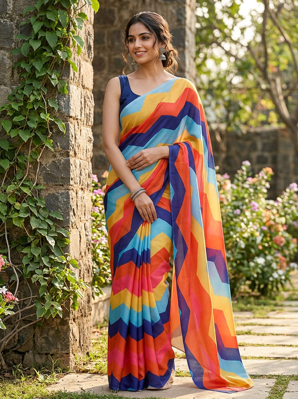 Multicolor Vibrant Geometric Chevron Kora Silk Digital Printed Fabric - Saree Lookbook - KS-0-TA09262P6-110 - alternate view