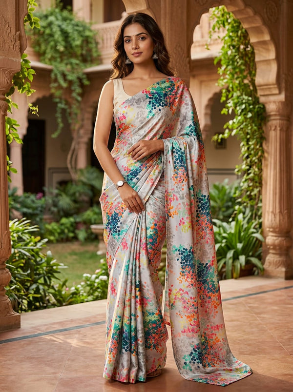 Multicolor Abstract Colorful Dotted Clusters Jam Satin Digital Printed Fabric - Saree Lookbook - JAM-0-TA0725-108 - alternate view