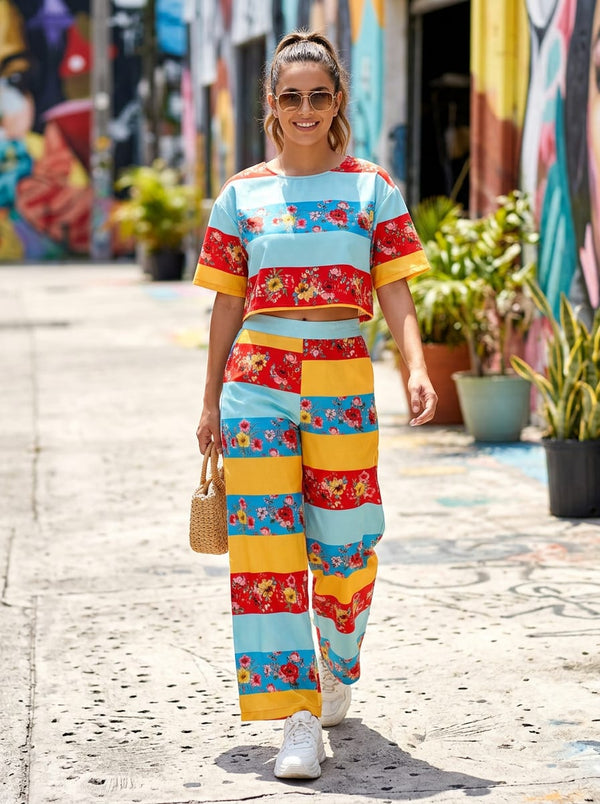 Multicolor Colorful Floral Striped Cotton Digital Printed Fabric - Crop Top Co-ord Set Lookbook - POCO-0-TA09655A-108 - alternate view