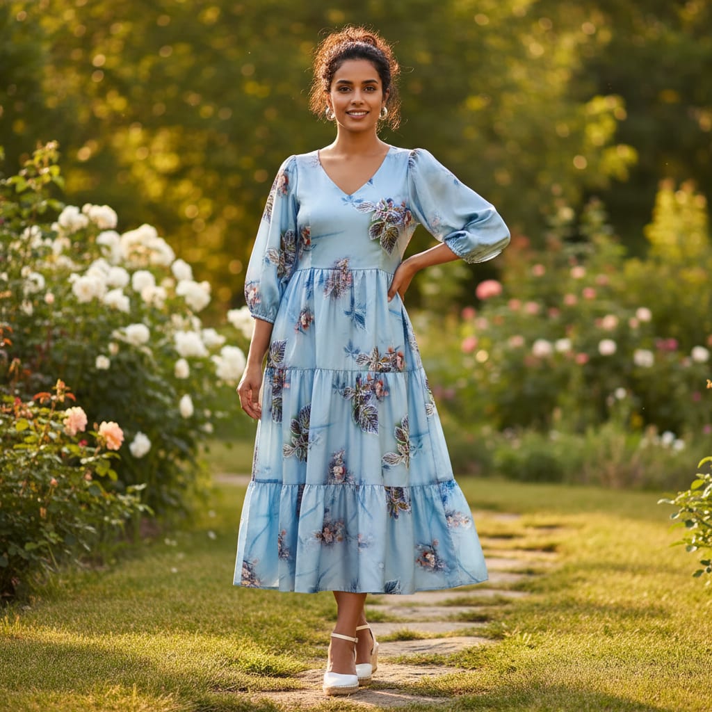 Gorgeous blue floral digital printed fabric from FAB VOGUE Studio
