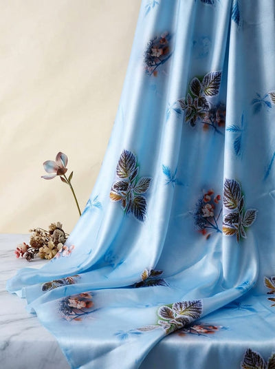 Blue Frosty Botanical Leaf Print Japan Satin Digital Printed Fabric