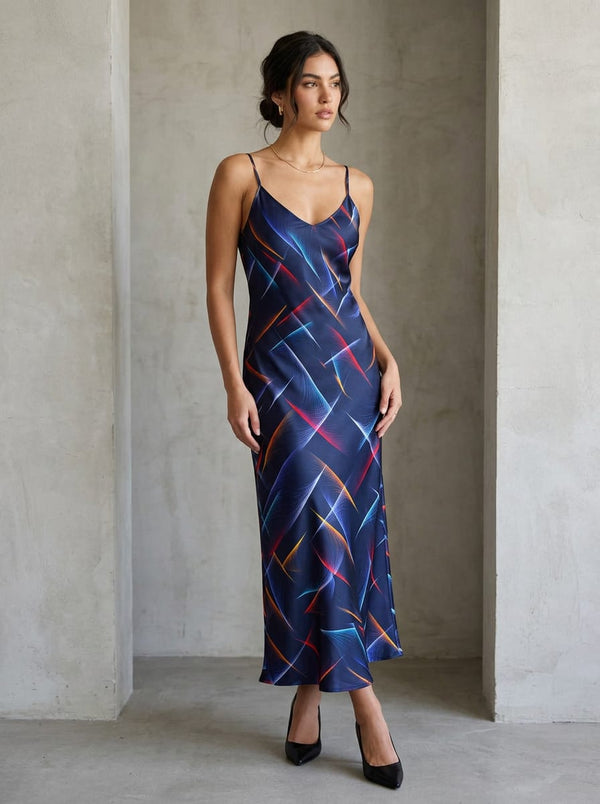 Navy Abstract Luminous Streaks Japan Satin Digital Printed Fabric - Slip Dress Lookbook - JS-0-TA09682PB-110 - alternate view