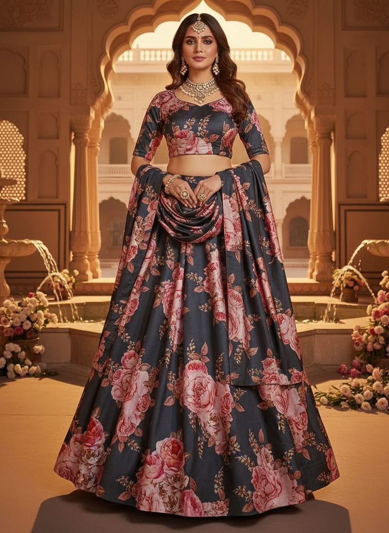 Classy floral digital printed fabric in gray by FAB VOGUE Studio