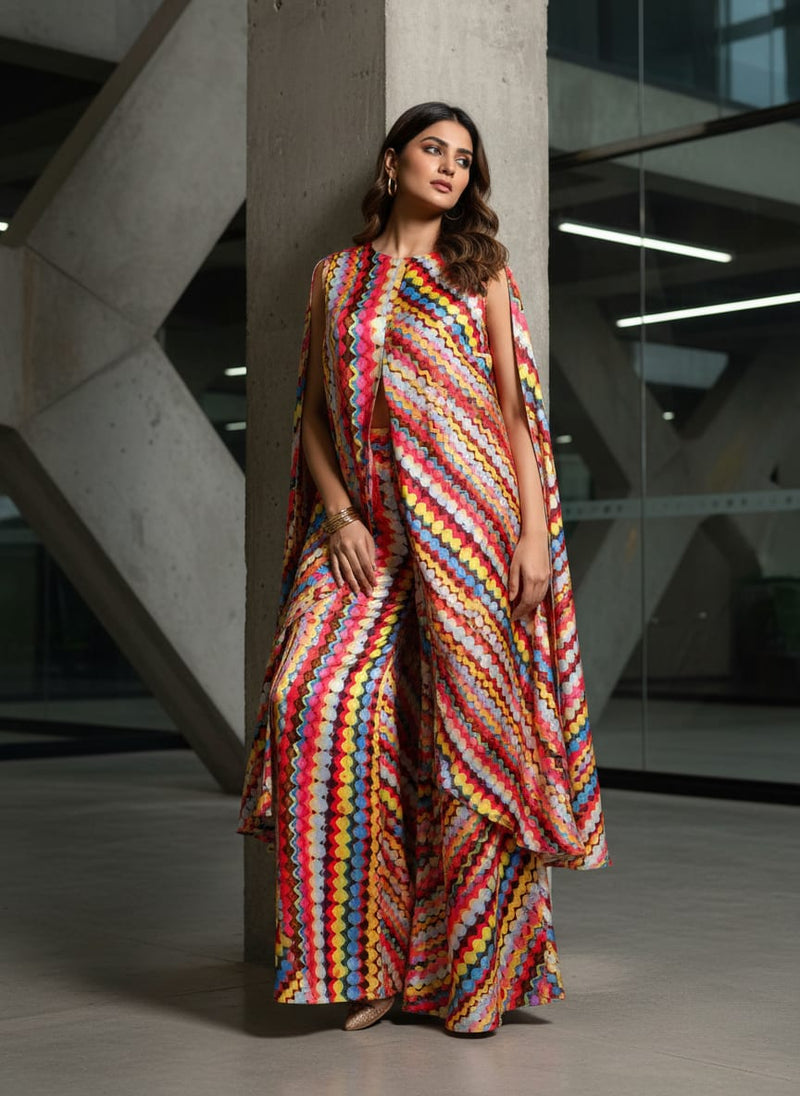 Gorgeous digital printed fabric in multicolor with strips and waving design