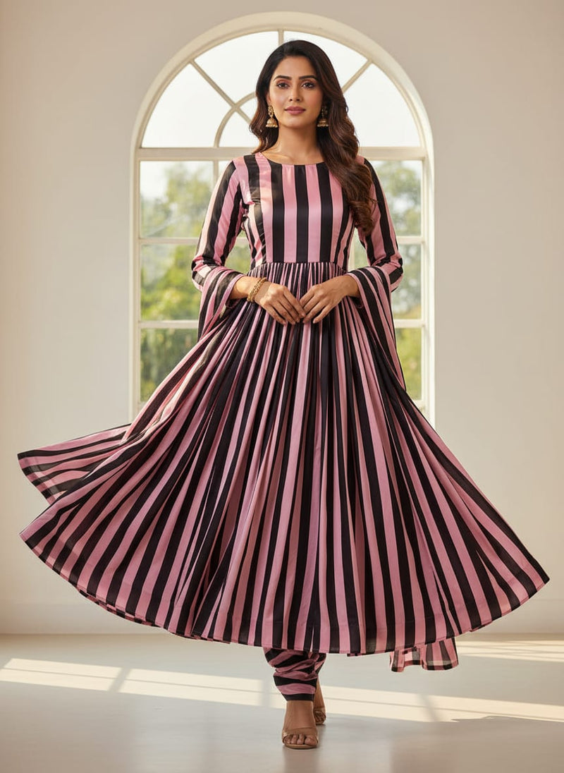Black and Pink Striped Digital Printed Fabric